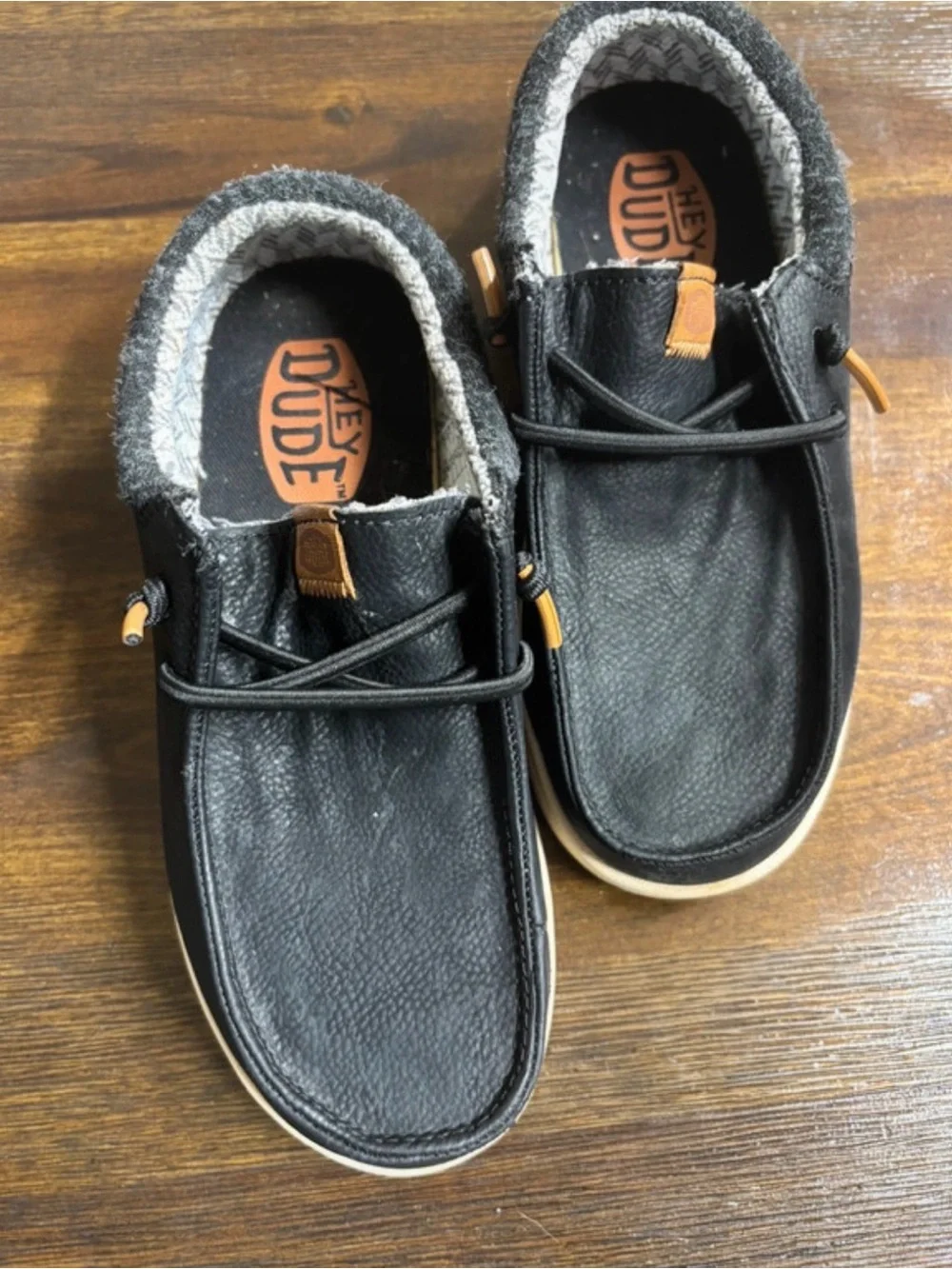 Hey Dude Kids Black Moccasin with Tan Pull Tabs